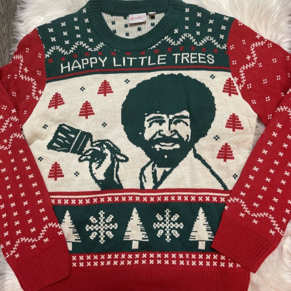 Bob Ross Ugly Christmas Sweater Adult MEDIUM M Painting Holiday Trees Afro NEW